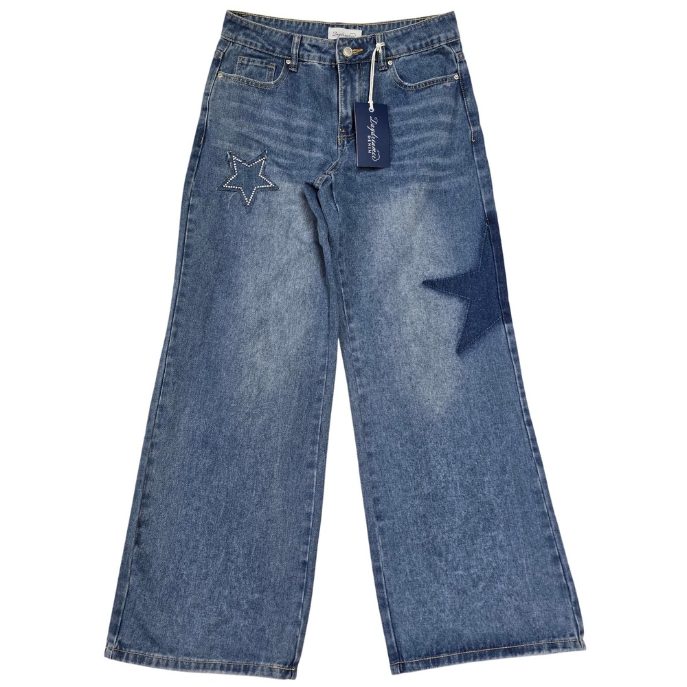 Daydreamer Denim Women Blue Star Patch Rhinestone Wide Leg Jeans Size 3/26 NEW